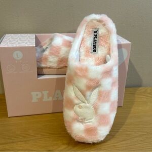 Playboy PINK CHECK FUZZY SLIPPERS Women’s Sz Lrg 8-9 NEW